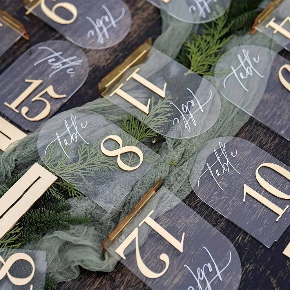 Custom 1 and 10pcs clear Acryl - Table Number Gold avaliação e preço